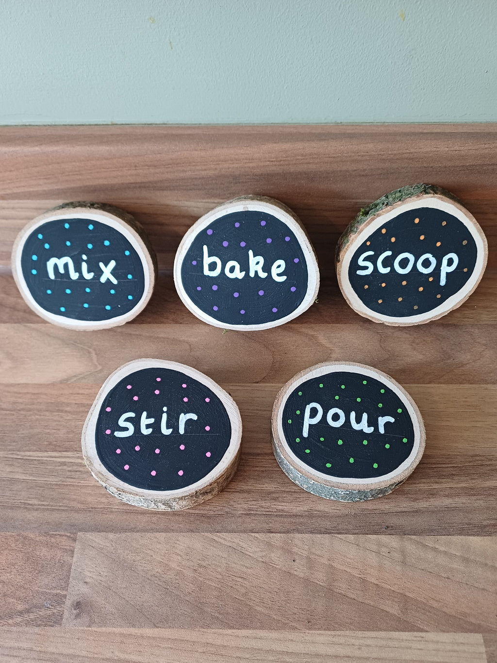 Mud Kitchen Action Words — Set of 5 Log Slices