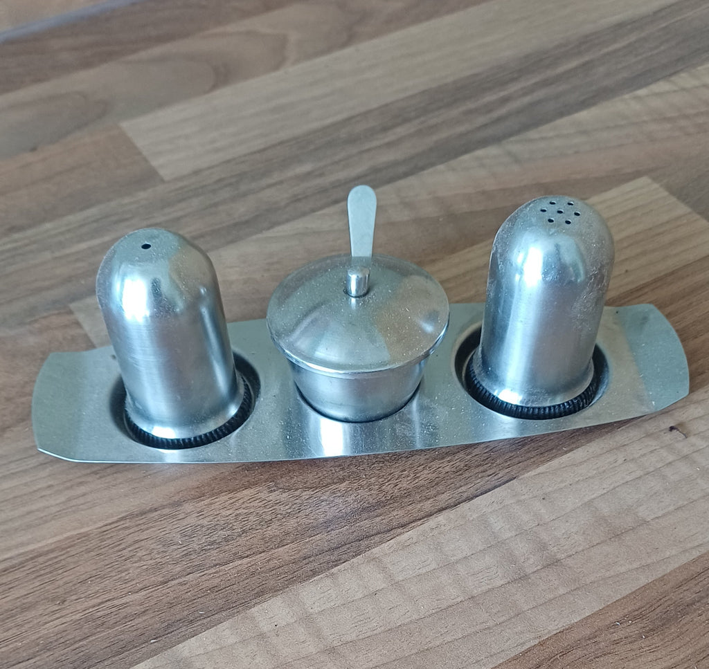 Metal Condiment Set — Salt, Pepper & Pot with Tray