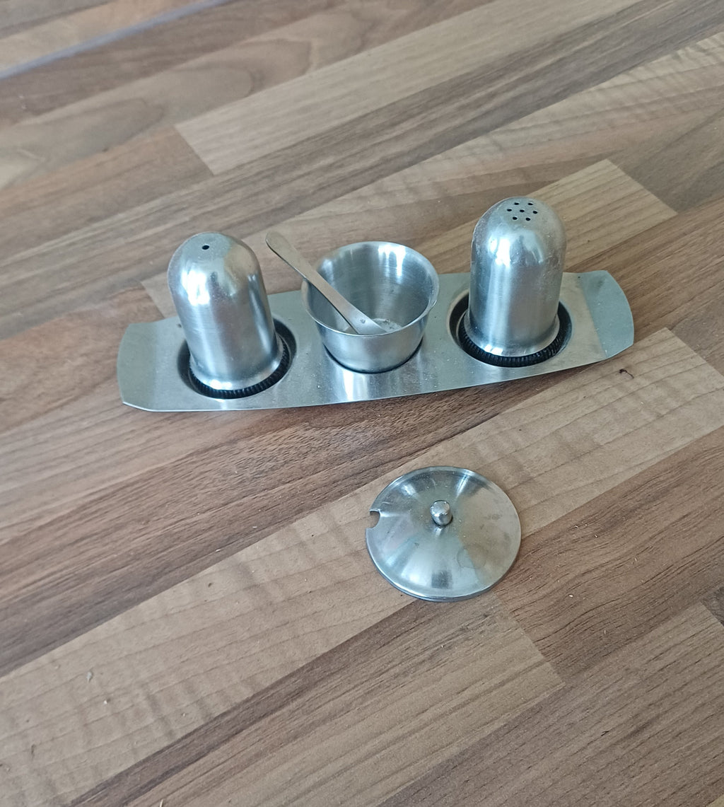 Metal Condiment Set — Salt, Pepper & Pot with Tray