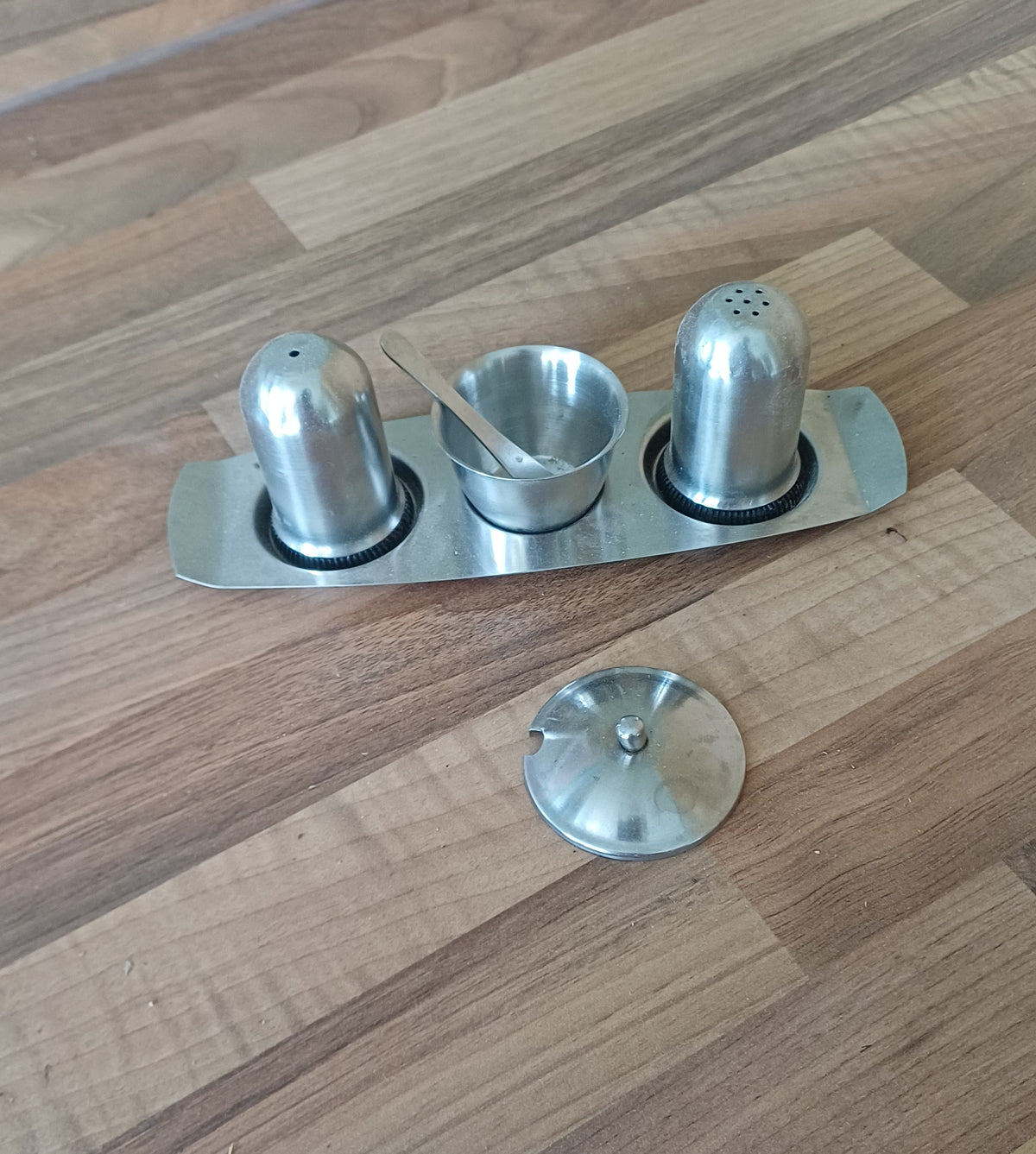 Metal Condiment Set — Salt, Pepper & Pot with Tray