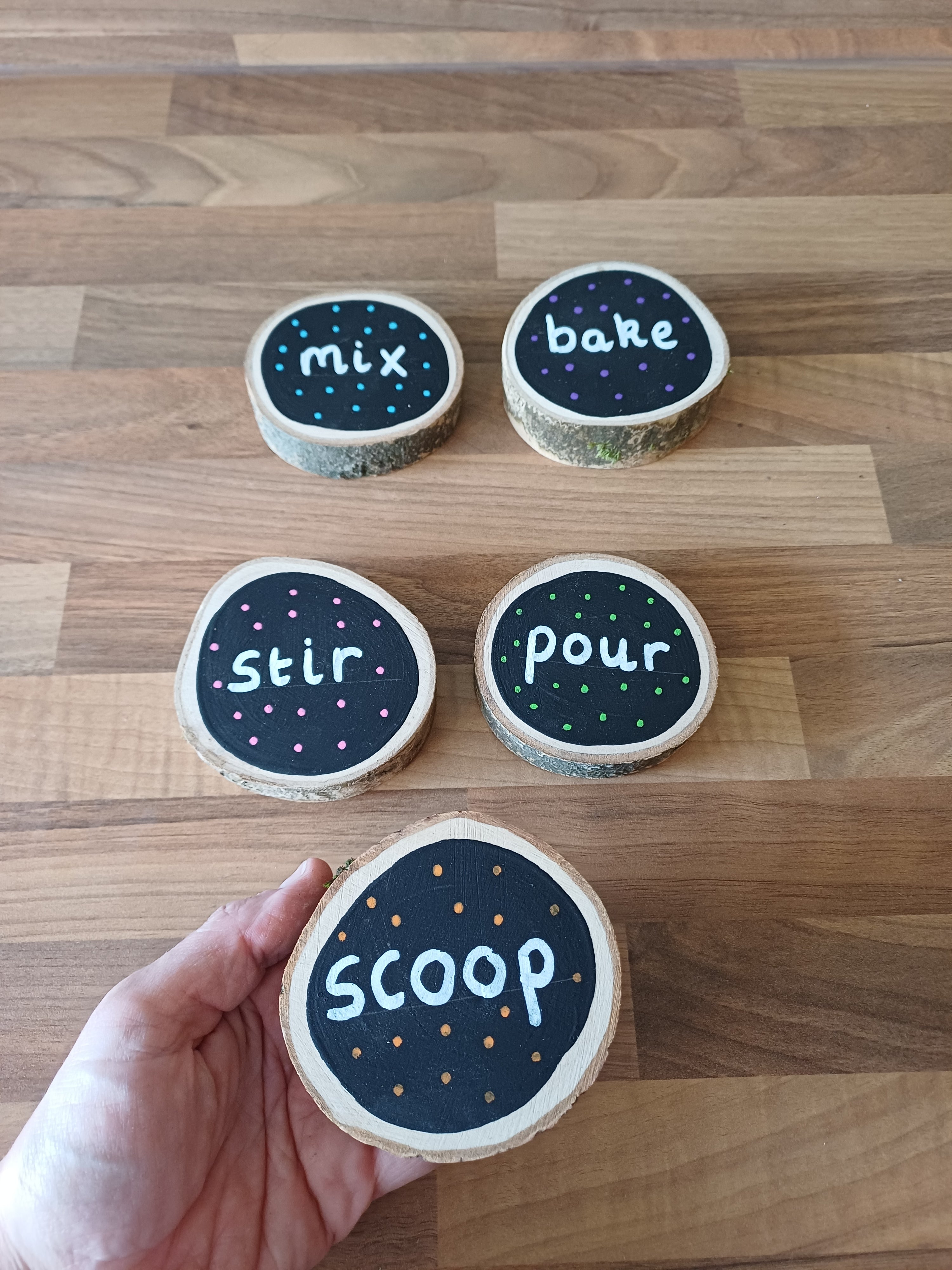 Mud Kitchen Action Words — Set of 5 Log Slices